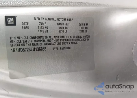 2007 Buick Lucerne Cxl из США, поврежденный, VIN 1G4HD57237U136035